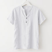 Buddha Stones Solid Summer Short Sleeve Half Buttons Linen Men's Shirt - White - US/UK/AU46，EU56 (3XL) - image 7