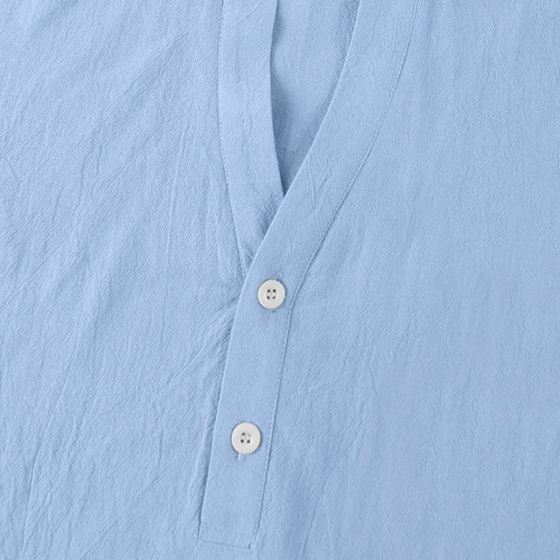 Buddha Stones Solid Summer Short Sleeve Half Buttons Linen Men's Shirt - image 22