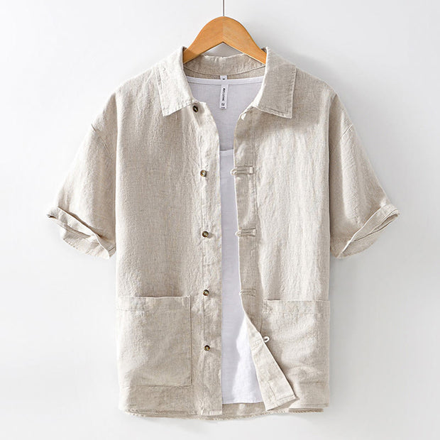 Buddha Stones Solid Summer Short Sleeve Buttons Linen Men's Shirt With Pockets - Linen - US/UK/AU42，EU52 (3XL) - image 1