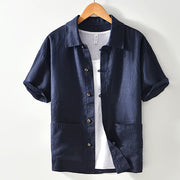 Buddha Stones Solid Summer Short Sleeve Buttons Linen Men's Shirt With Pockets - SteelBlue - US/UK/AU42，EU52 (3XL) - image 16