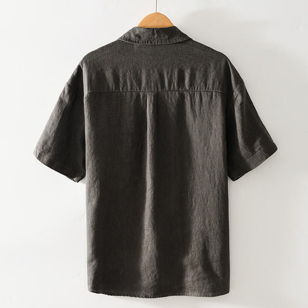 Buddha Stones Solid Summer Short Sleeve Buttons Linen Men's Shirt With Pockets - image 23