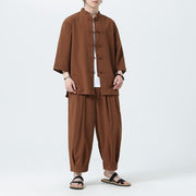 Buddha Stones 2Pcs Solid Frog-Button Three Quarter Sleeve Shirt Pants Men's Set - Peru - US/UK/AU46，EU56 (5XL) - image 54