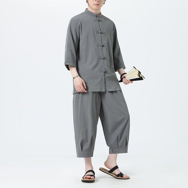 Buddha Stones 2Pcs Solid Frog-Button Three Quarter Sleeve Shirt Pants Men's Set - DimGray - US/UK/AU46，EU56 (5XL) - image 1