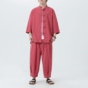 Buddha Stones 2Pcs Solid Frog-Button Three Quarter Sleeve Shirt Pants Men's Set - LightCoral - US/UK/AU46，EU56 (5XL) - image 28
