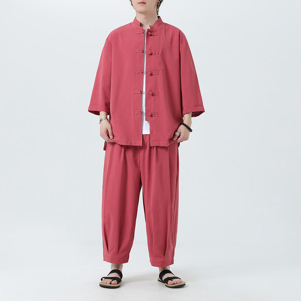 Buddha Stones 2Pcs Solid Frog-Button Three Quarter Sleeve Shirt Pants Men's Set - LightCoral - US/UK/AU46，EU56 (5XL) - image 28