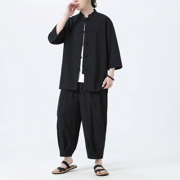Buddha Stones 2Pcs Solid Frog-Button Three Quarter Sleeve Shirt Pants Men's Set - Black - US/UK/AU46，EU56 (5XL) - image 20