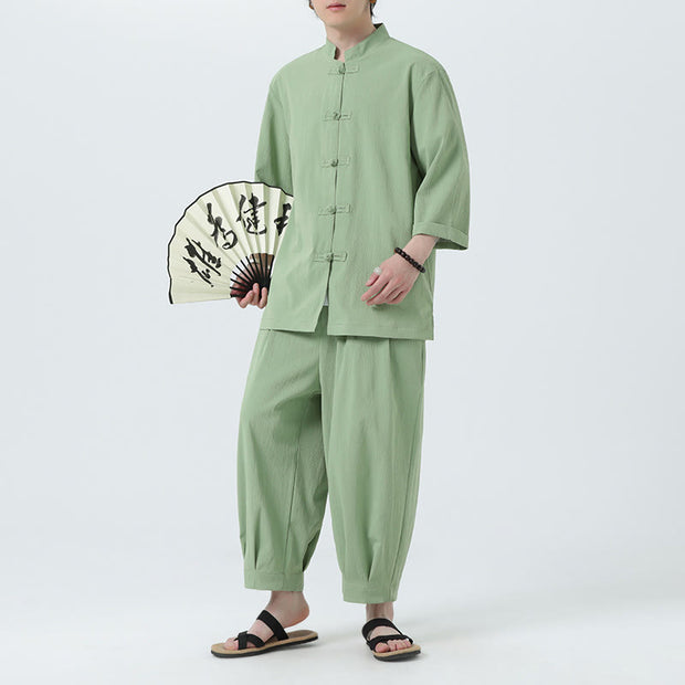 Buddha Stones 2Pcs Solid Frog-Button Three Quarter Sleeve Shirt Pants Men's Set - DarkSeaGreen - US/UK/AU46，EU56 (5XL) - image 36