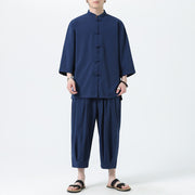 Buddha Stones 2Pcs Solid Frog-Button Three Quarter Sleeve Shirt Pants Men's Set - SteelBlue - US/UK/AU46，EU56 (5XL) - image 45