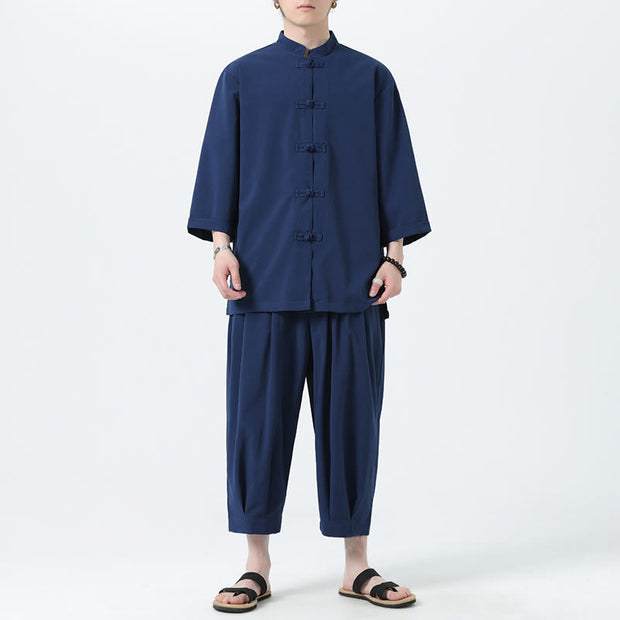 Buddha Stones 2Pcs Solid Frog-Button Three Quarter Sleeve Shirt Pants Men's Set - SteelBlue - US/UK/AU46，EU56 (5XL) - image 45