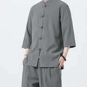 Buddha Stones 2Pcs Solid Frog-Button Three Quarter Sleeve Shirt Pants Men's Set - image 6