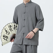 Buddha Stones 2Pcs Solid Frog-Button Three Quarter Sleeve Shirt Pants Men's Set - image 7