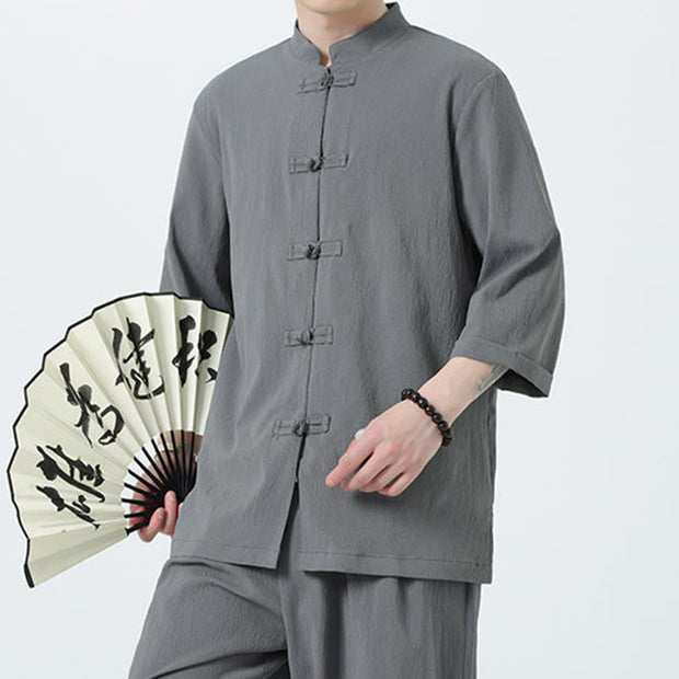 Buddha Stones 2Pcs Solid Frog-Button Three Quarter Sleeve Shirt Pants Men's Set - image 7