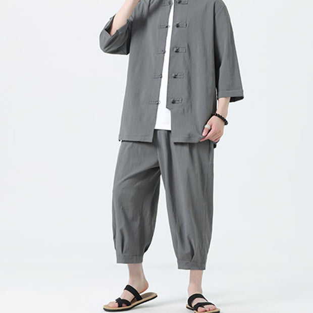 Buddha Stones 2Pcs Solid Frog-Button Three Quarter Sleeve Shirt Pants Men's Set - image 4