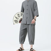 Buddha Stones 2Pcs Solid Frog-Button Three Quarter Sleeve Shirt Pants Men's Set - image 3