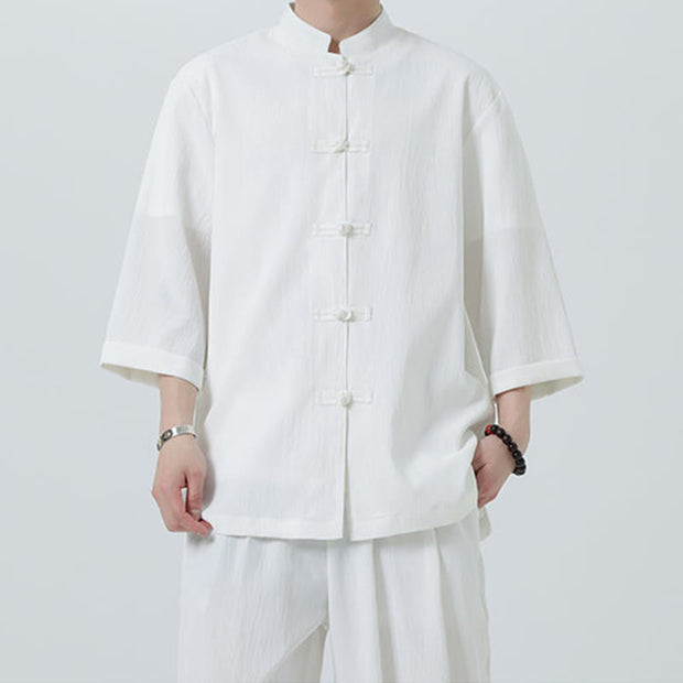 Buddha Stones 2Pcs Solid Frog-Button Three Quarter Sleeve Shirt Pants Men's Set - image 19