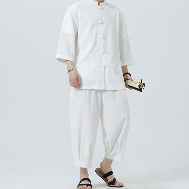 Buddha Stones 2Pcs Solid Frog-Button Three Quarter Sleeve Shirt Pants Men's Set - image 15