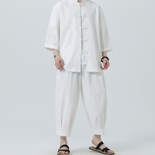 Buddha Stones 2Pcs Solid Frog-Button Three Quarter Sleeve Shirt Pants Men's Set - image 18