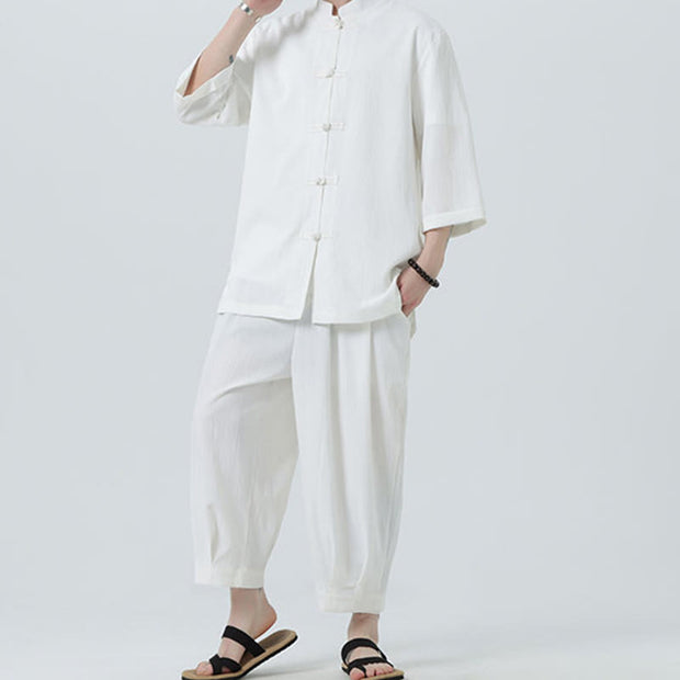 Buddha Stones 2Pcs Solid Frog-Button Three Quarter Sleeve Shirt Pants Men's Set - image 13