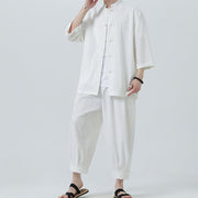 Buddha Stones 2Pcs Solid Frog-Button Three Quarter Sleeve Shirt Pants Men's Set - image 16