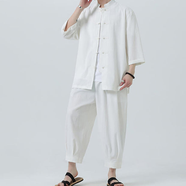 Buddha Stones 2Pcs Solid Frog-Button Three Quarter Sleeve Shirt Pants Men's Set - image 16