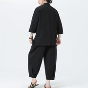 Buddha Stones 2Pcs Solid Frog-Button Three Quarter Sleeve Shirt Pants Men's Set - image 23