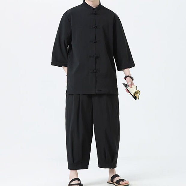 Buddha Stones 2Pcs Solid Frog-Button Three Quarter Sleeve Shirt Pants Men's Set - image 25