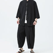 Buddha Stones 2Pcs Solid Frog-Button Three Quarter Sleeve Shirt Pants Men's Set - image 22