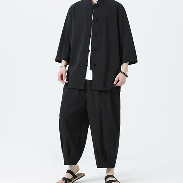 Buddha Stones 2Pcs Solid Frog-Button Three Quarter Sleeve Shirt Pants Men's Set - image 22