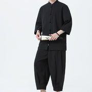 Buddha Stones 2Pcs Solid Frog-Button Three Quarter Sleeve Shirt Pants Men's Set - image 21