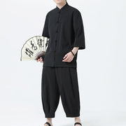 Buddha Stones 2Pcs Solid Frog-Button Three Quarter Sleeve Shirt Pants Men's Set - image 26