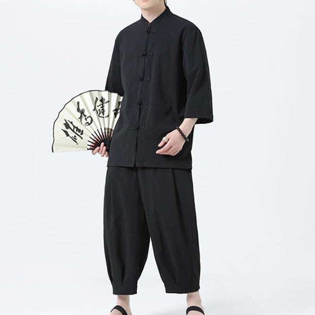 Buddha Stones 2Pcs Solid Frog-Button Three Quarter Sleeve Shirt Pants Men's Set - image 26
