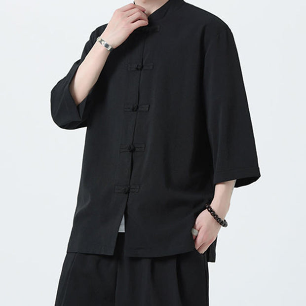 Buddha Stones 2Pcs Solid Frog-Button Three Quarter Sleeve Shirt Pants Men's Set - image 27