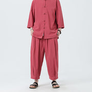 Buddha Stones 2Pcs Solid Frog-Button Three Quarter Sleeve Shirt Pants Men's Set - image 31