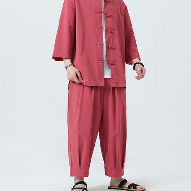 Buddha Stones 2Pcs Solid Frog-Button Three Quarter Sleeve Shirt Pants Men's Set - image 32