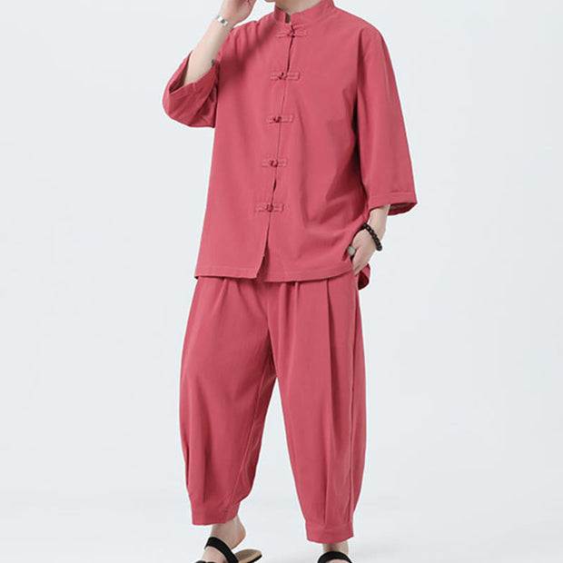 Buddha Stones 2Pcs Solid Frog-Button Three Quarter Sleeve Shirt Pants Men's Set - image 33