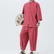 Buddha Stones 2Pcs Solid Frog-Button Three Quarter Sleeve Shirt Pants Men's Set - image 29