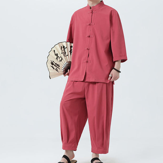 Buddha Stones 2Pcs Solid Frog-Button Three Quarter Sleeve Shirt Pants Men's Set - image 29