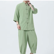 Buddha Stones 2Pcs Solid Frog-Button Three Quarter Sleeve Shirt Pants Men's Set - image 40