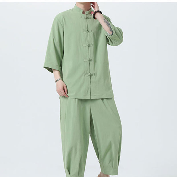 Buddha Stones 2Pcs Solid Frog-Button Three Quarter Sleeve Shirt Pants Men's Set - image 40