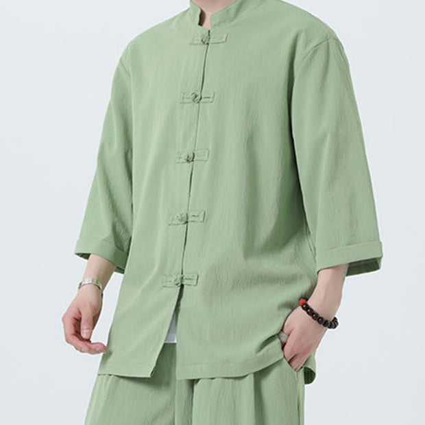 Buddha Stones 2Pcs Solid Frog-Button Three Quarter Sleeve Shirt Pants Men's Set - image 44