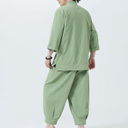Buddha Stones 2Pcs Solid Frog-Button Three Quarter Sleeve Shirt Pants Men's Set - image 38