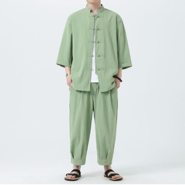 Buddha Stones 2Pcs Solid Frog-Button Three Quarter Sleeve Shirt Pants Men's Set - image 37