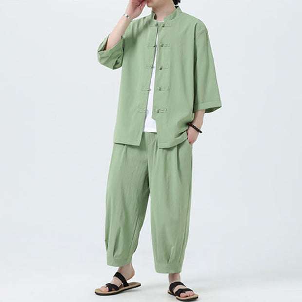 Buddha Stones 2Pcs Solid Frog-Button Three Quarter Sleeve Shirt Pants Men's Set - image 41