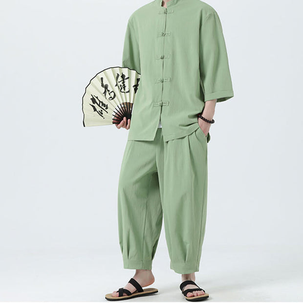 Buddha Stones 2Pcs Solid Frog-Button Three Quarter Sleeve Shirt Pants Men's Set - image 43
