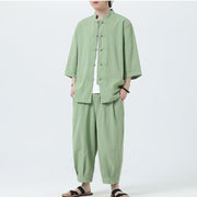 Buddha Stones 2Pcs Solid Frog-Button Three Quarter Sleeve Shirt Pants Men's Set - image 42