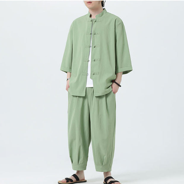 Buddha Stones 2Pcs Solid Frog-Button Three Quarter Sleeve Shirt Pants Men's Set - image 42