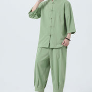 Buddha Stones 2Pcs Solid Frog-Button Three Quarter Sleeve Shirt Pants Men's Set - image 39