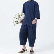 Buddha Stones 2Pcs Solid Frog-Button Three Quarter Sleeve Shirt Pants Men's Set - image 50