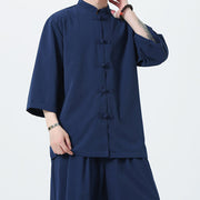 Buddha Stones 2Pcs Solid Frog-Button Three Quarter Sleeve Shirt Pants Men's Set - image 53