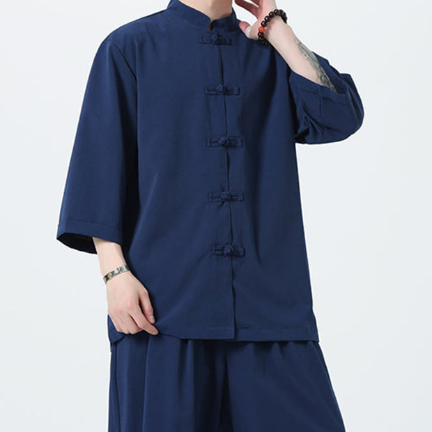Buddha Stones 2Pcs Solid Frog-Button Three Quarter Sleeve Shirt Pants Men's Set - image 53